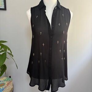 Black Sheer Sleeveless Blouse with Cross Accents